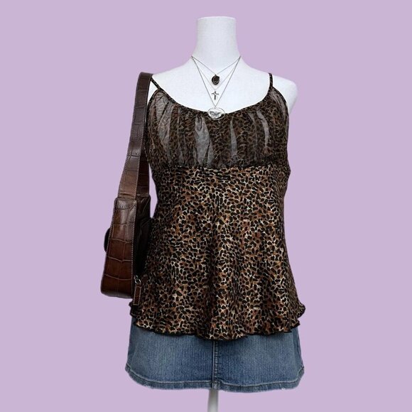 black and brown leopard print vintage 90s cami tank top with sheer bust - Picture 1 of 8